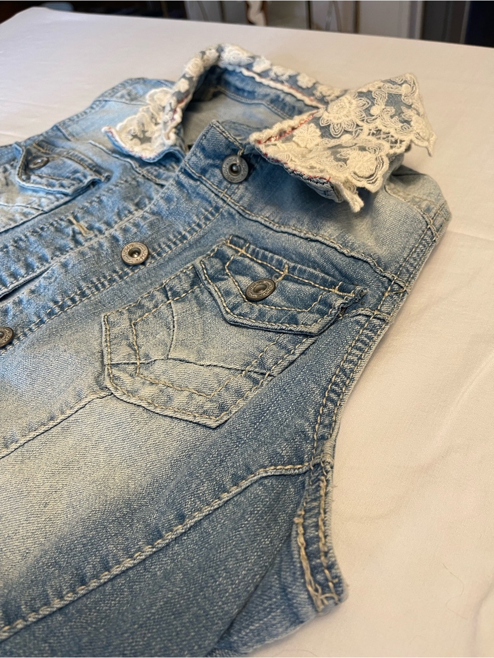 Maurices Light Wash Denim Vest with Cream Lace Trim - Picture 6 of 10